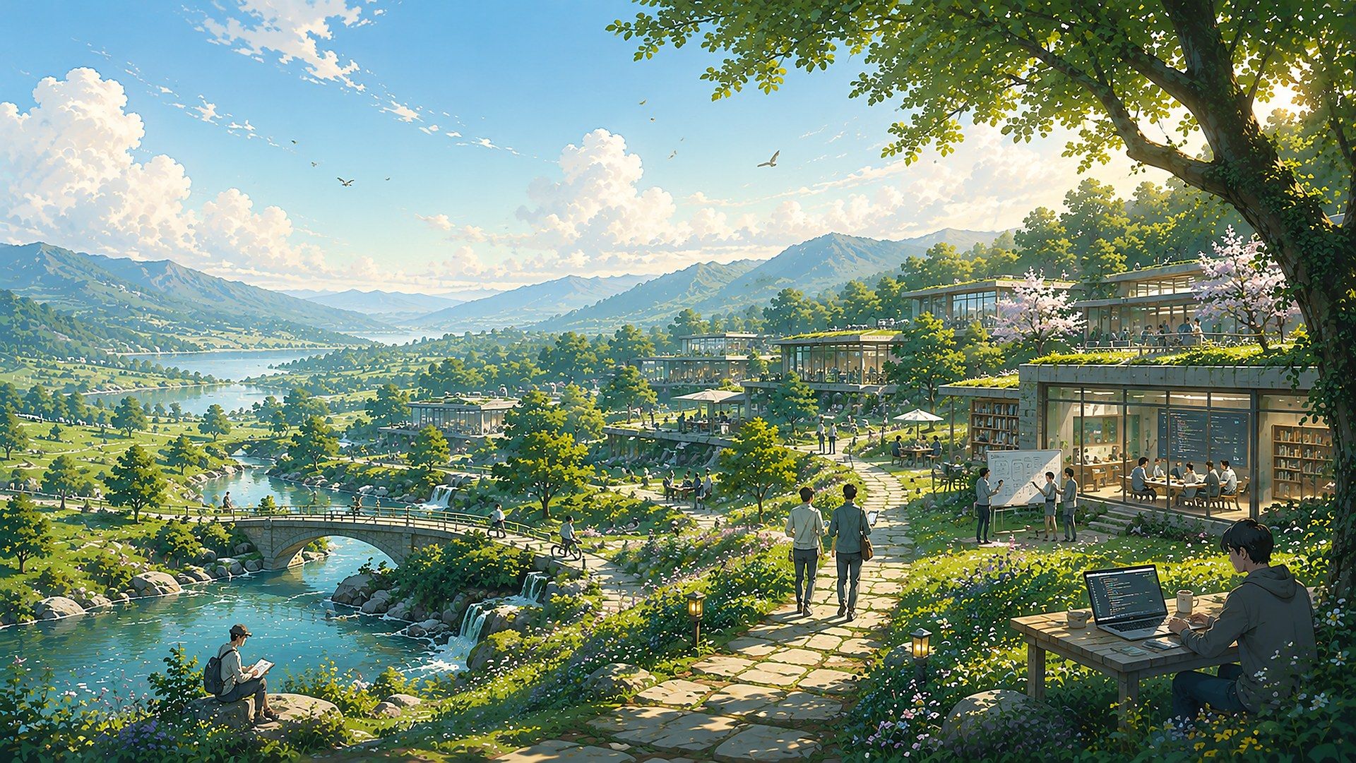 Illustrated research campus overlooking a valley